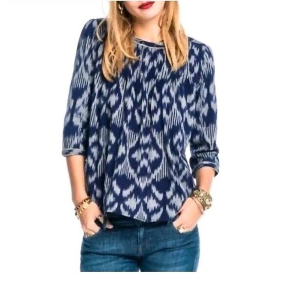 Womens Scotch and Soda Blue Ikat Print 3/4 Sleeve Button Back Top Size 3 (L) - Picture 1 of 6